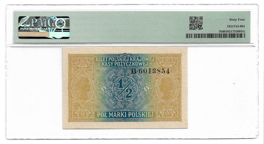 1/2 marki polskiej 1916 r. - Generał - Grading PMG 64